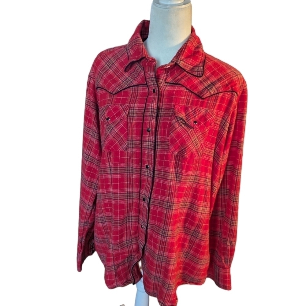 Back in The Saddle Western Pearl Snap cowgirl red Plaid Shirt Embroidery sz XL - Picture 3 of 11